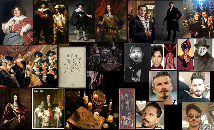 Moodboard depicting rich 17th C guys, goatees, vampires, and black magic