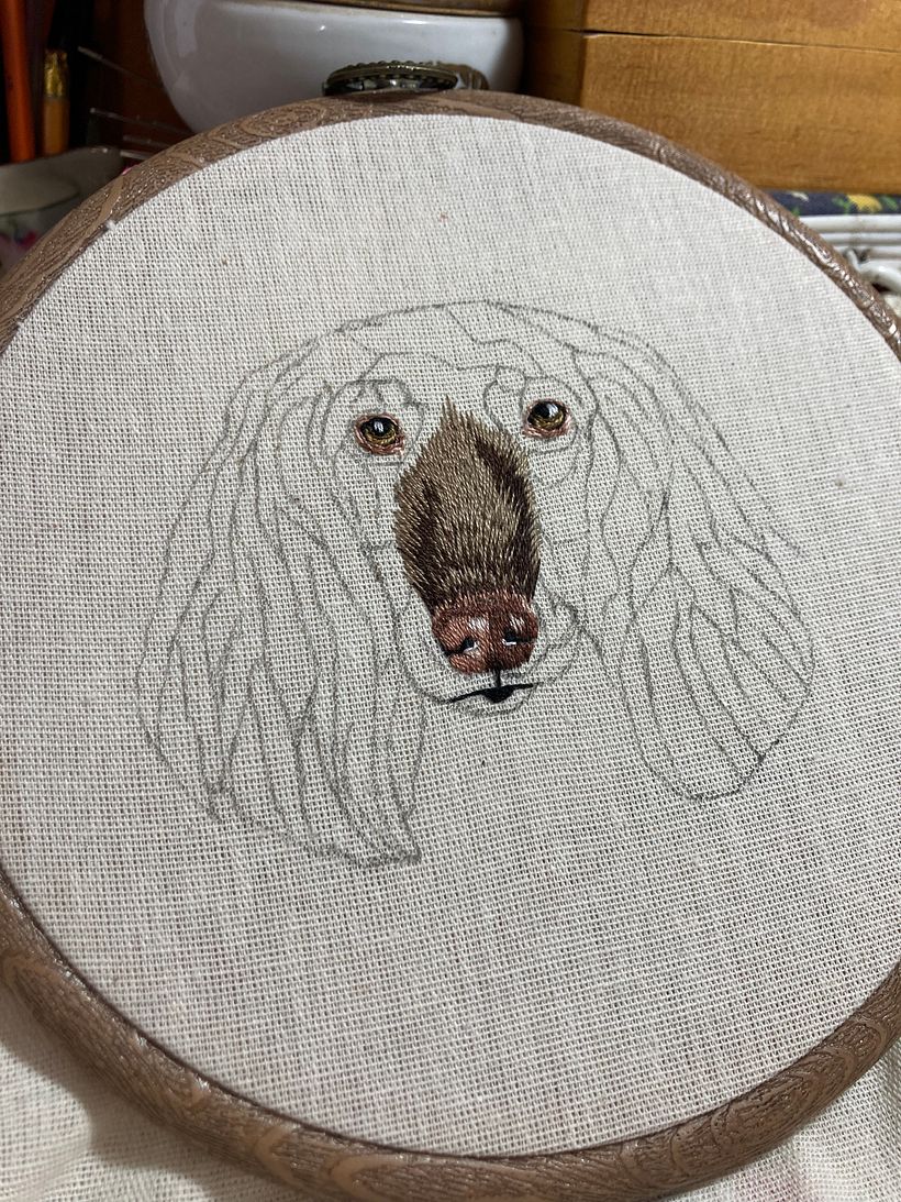 Delineamos el hocico y comenzamos a bordar la carita a partir de la nariz.