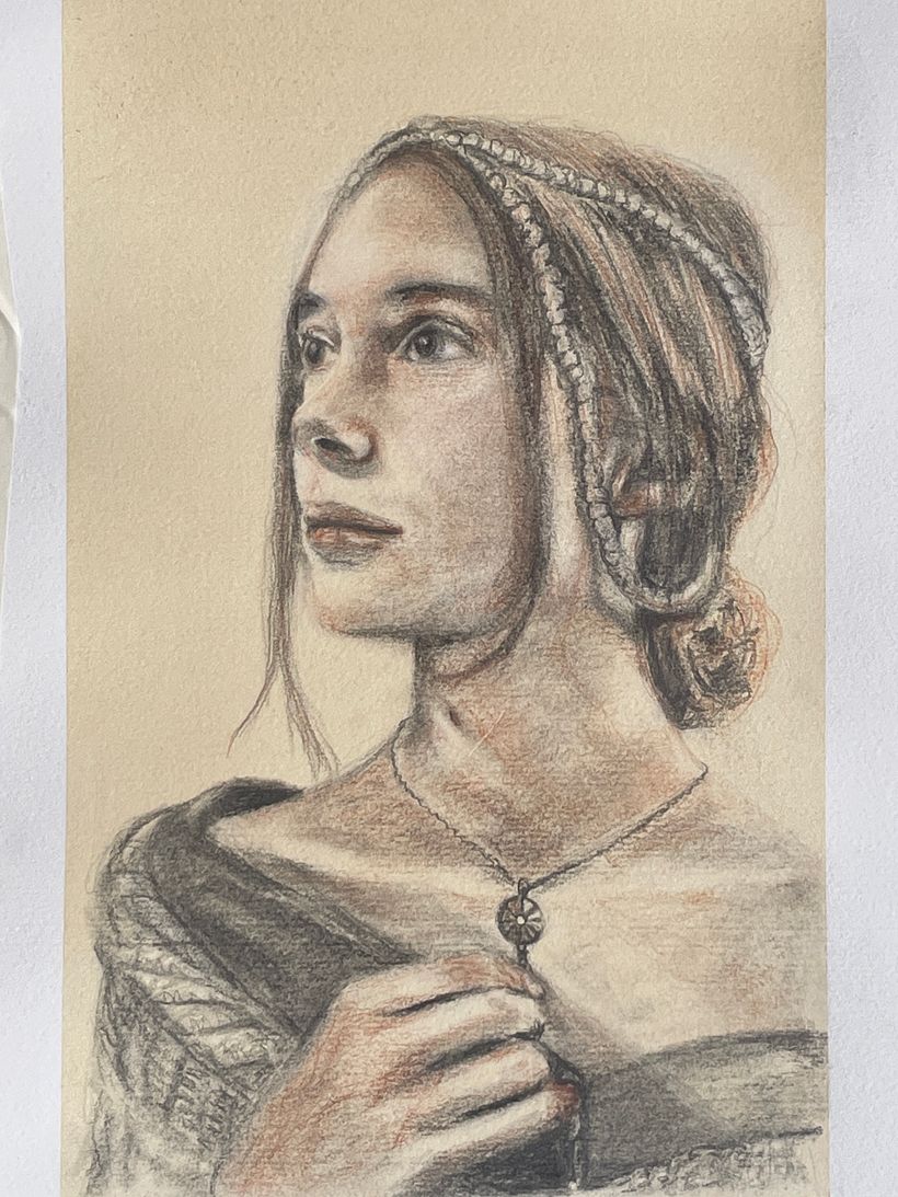 Charcoal and sanguine for the drawing, cosmos and thyme natural watercolors for the paper