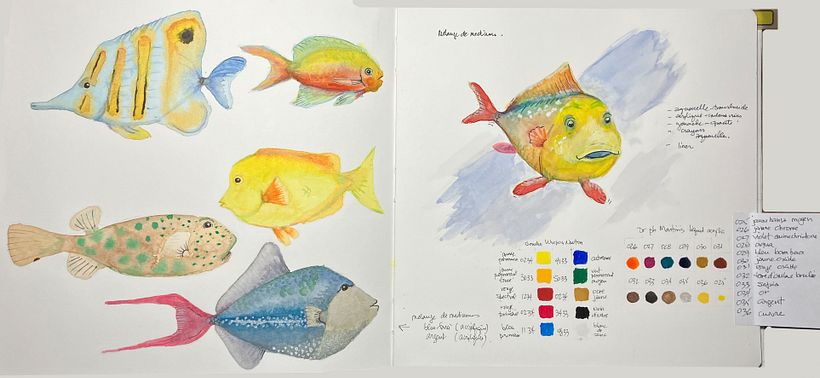 Exercices des poissons. Ajout d'une étude avec différents médiums alternatifs et leur palette (acrylique liquide, gouache)