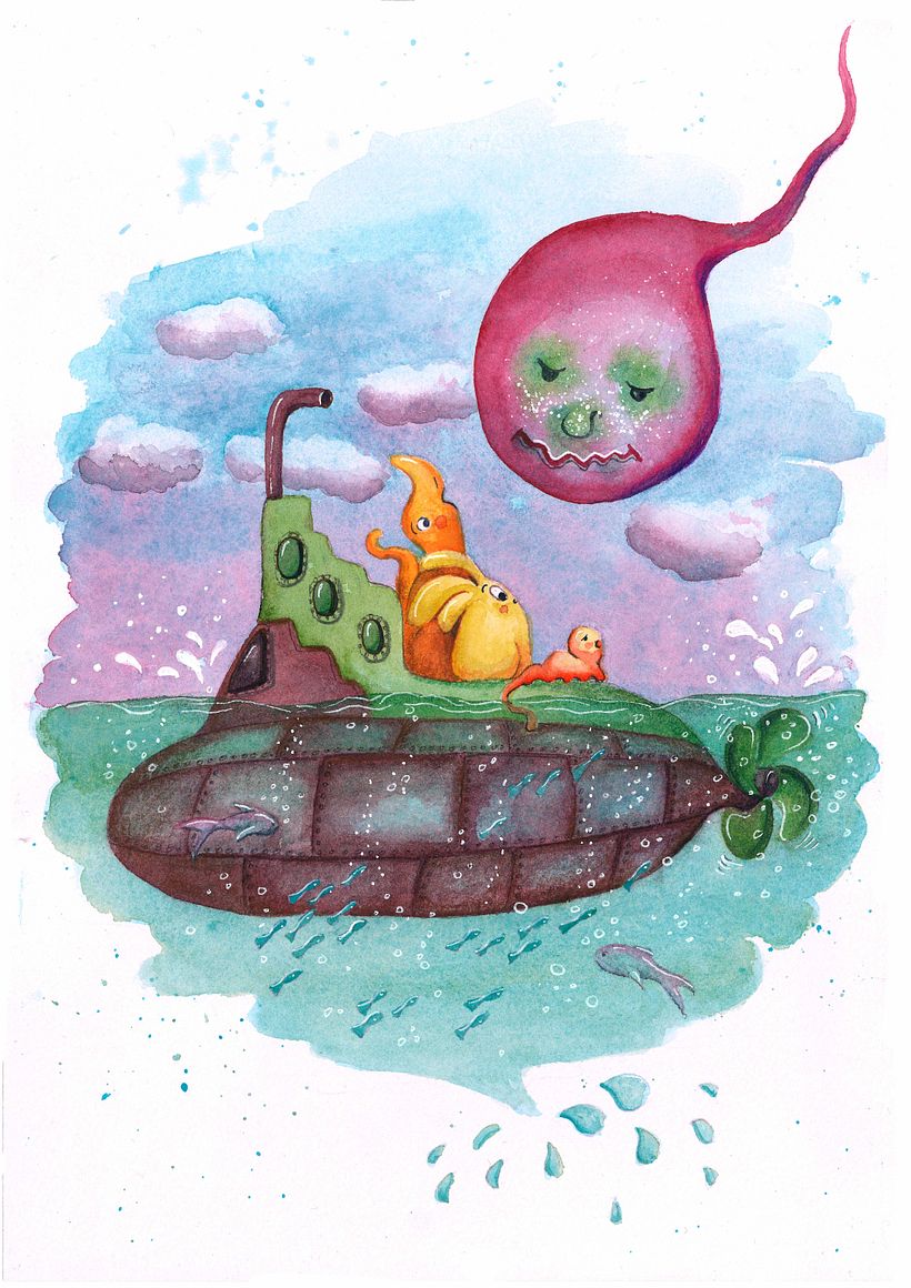 Fancy creatures made of watercolor stains. Watercolor.