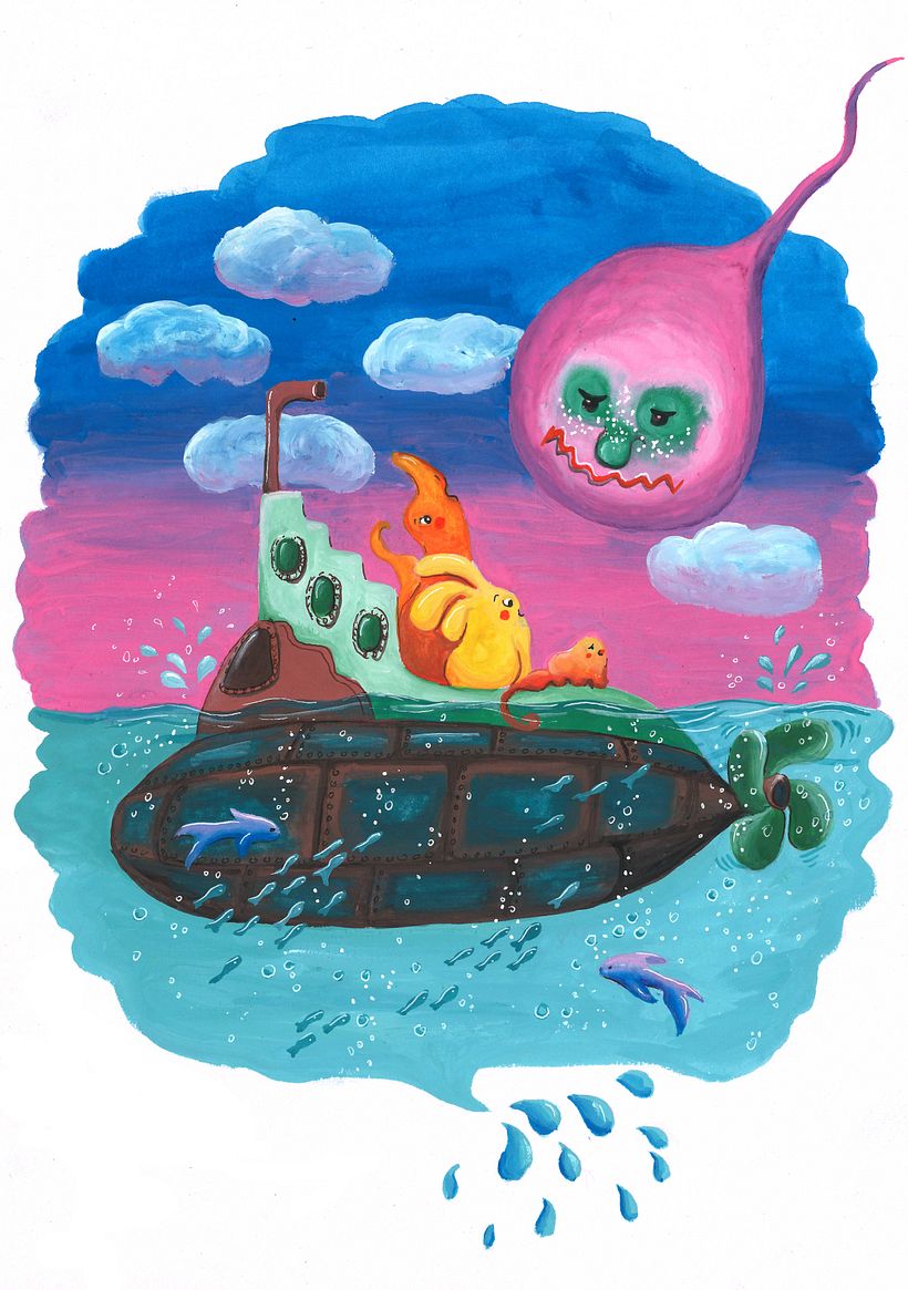 Fancy creatures made of watercolor stains. Gouache.