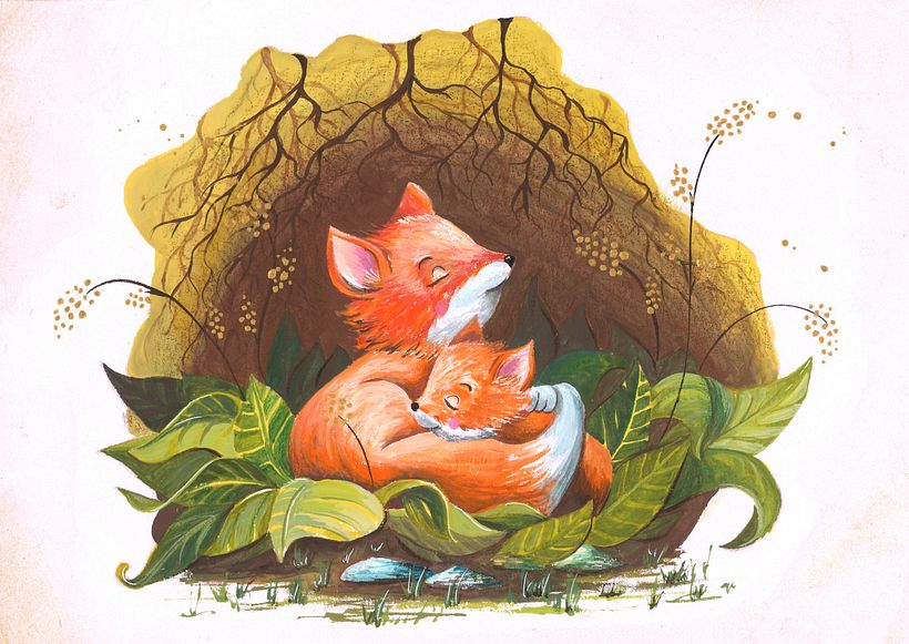 Foxes in the burrow. Gouache.