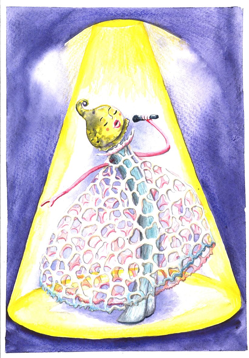 A pop star inspired by the Dictyphora Phalloides mushroom. Watercolor.
