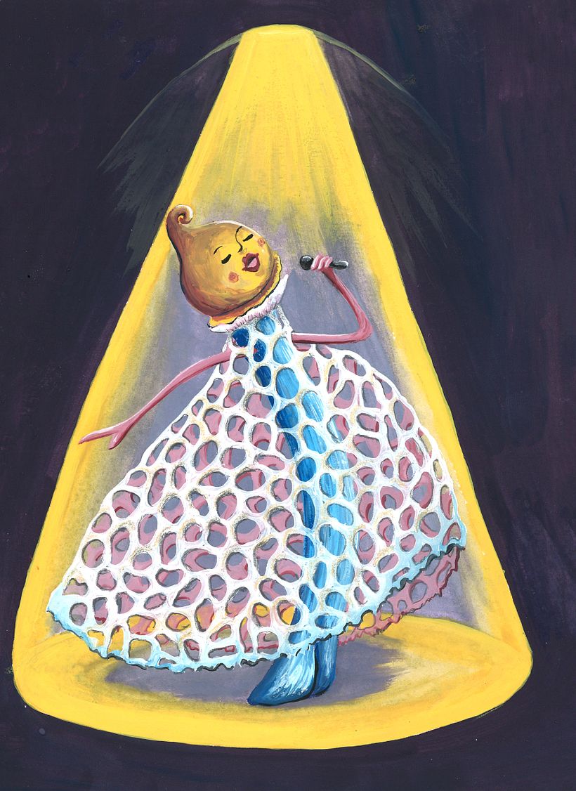 A pop star inspired by the Dictyphora Phalloides mushroom. Gouache.