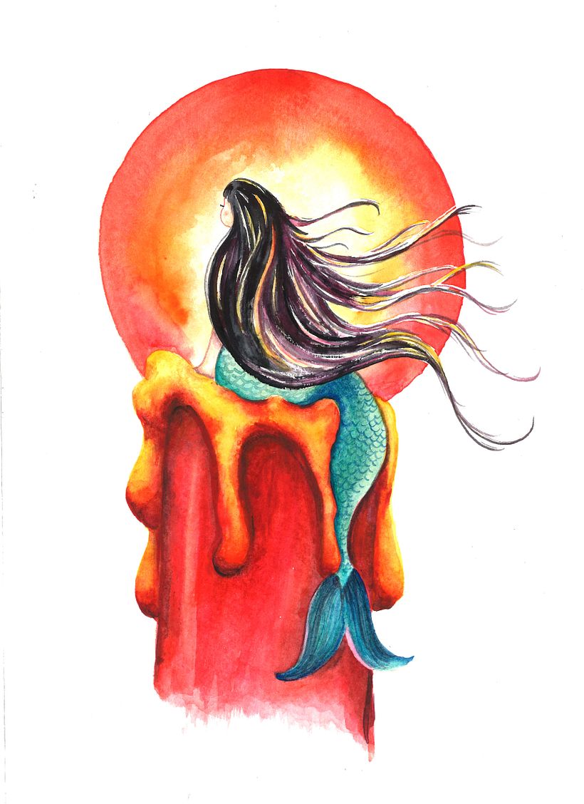 Illustration for the Japanese story "Red Candles and the Mermaid" by Mimei Ogawa. Watercolor.