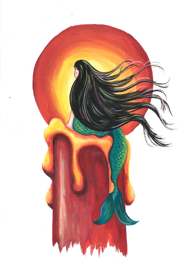 Illustration for the Japanese story "Red Candles and the Mermaid" by Mimei Ogawa. Gouache.