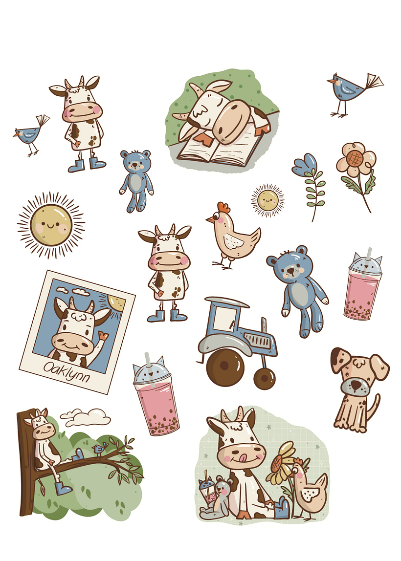 this is Oaklynn the cow, who loves  big boots reading play with her friends and drink bubble tea