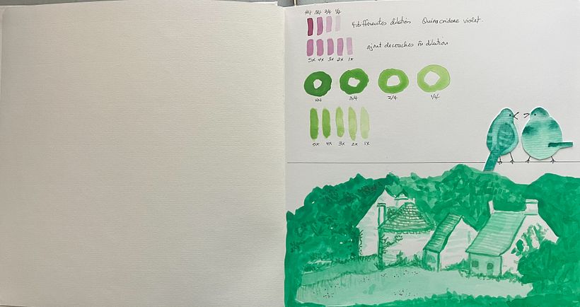 exercice, aquarelle monochrome, élément naratif ajouté (oiseaux)