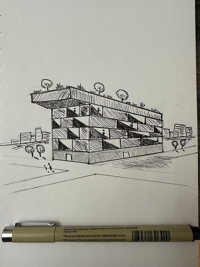 Final sketch - A building with a green roof