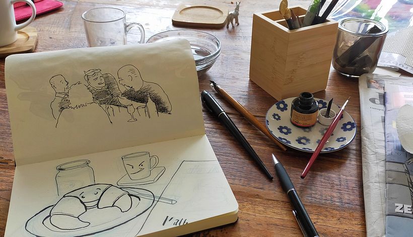 sketching and inking... notice that I added the knife later