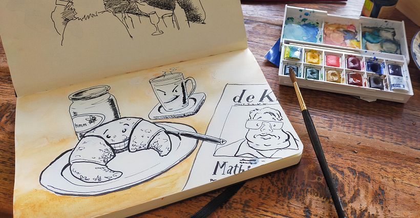 ... and colouring with aquarel. I had to correct some inkstains with white acryl paint.