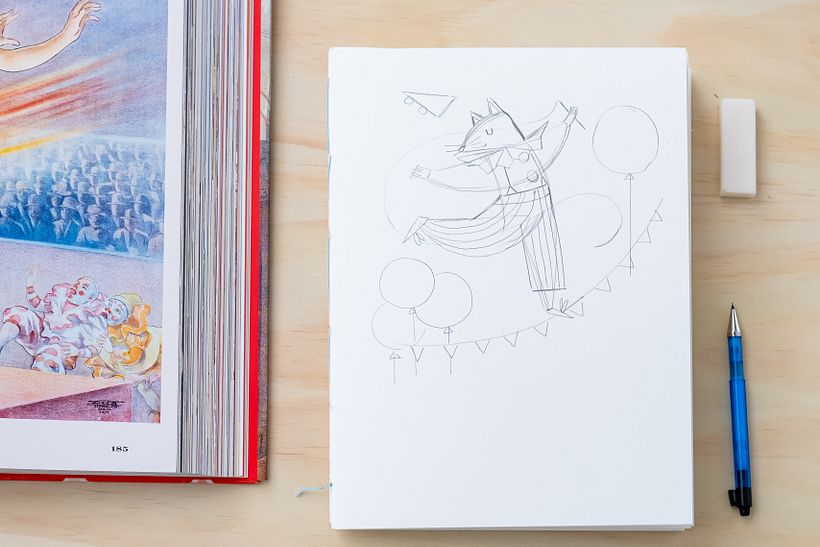 The sketch phase! Looking at photos, book image references and prompts to create my character.
