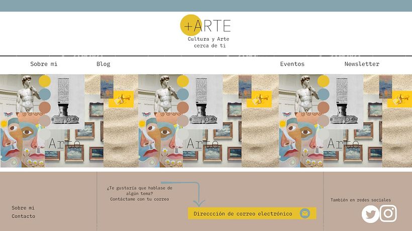 Pie de página con información de contacto y redes sociales
