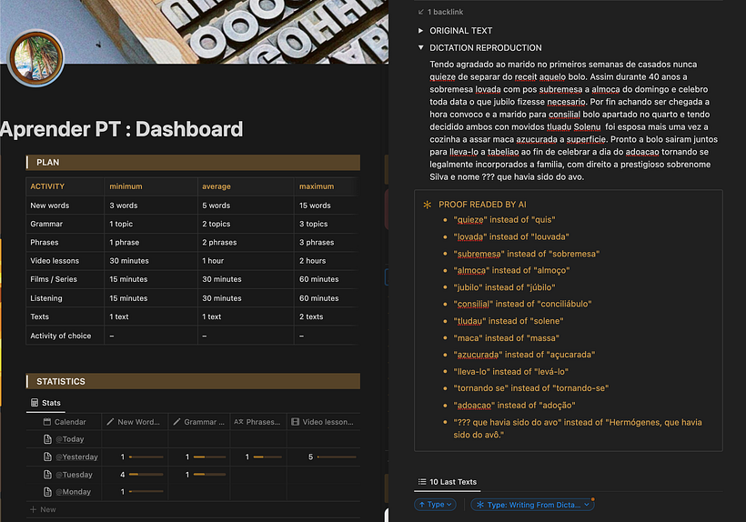 My Dashboard/Database designed for learning the Portuguese Language.  4