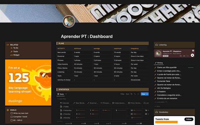 My Dashboard/Database designed for learning the Portuguese Language.  1