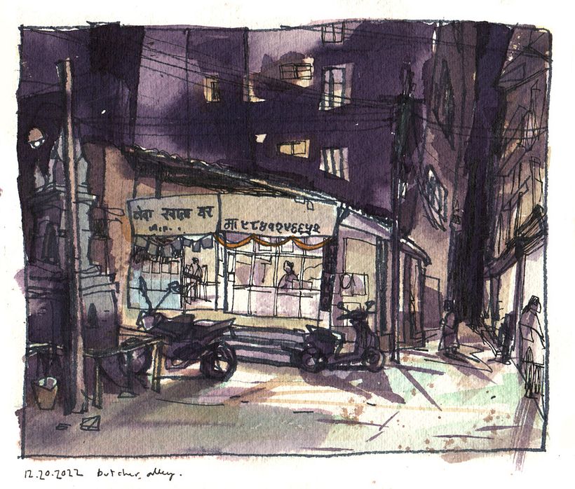 An alley with a bunch of meat shops in Lalitpur.