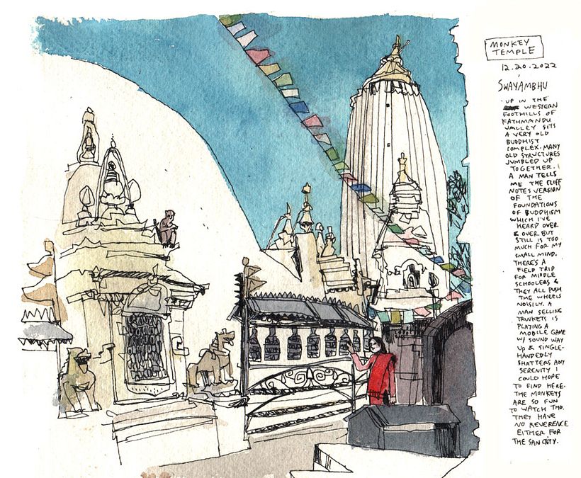 Swayambunath temple, an important Buddhist site. People walk around the dome clockwise to pay respects.