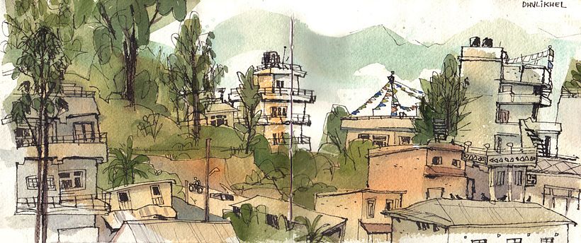 After a LONG day of trekking, we ate a huge meal in Dhulikhel, and I drew this rustic view from the restaurant.
