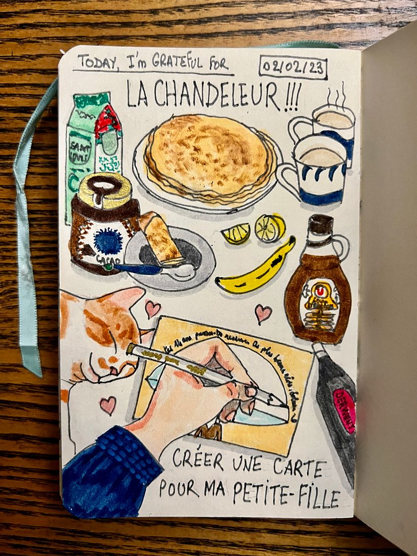 Enjoying lots of pancakes on Chandeleur day, drawing a special card for my grand-daughter's 14th birthday