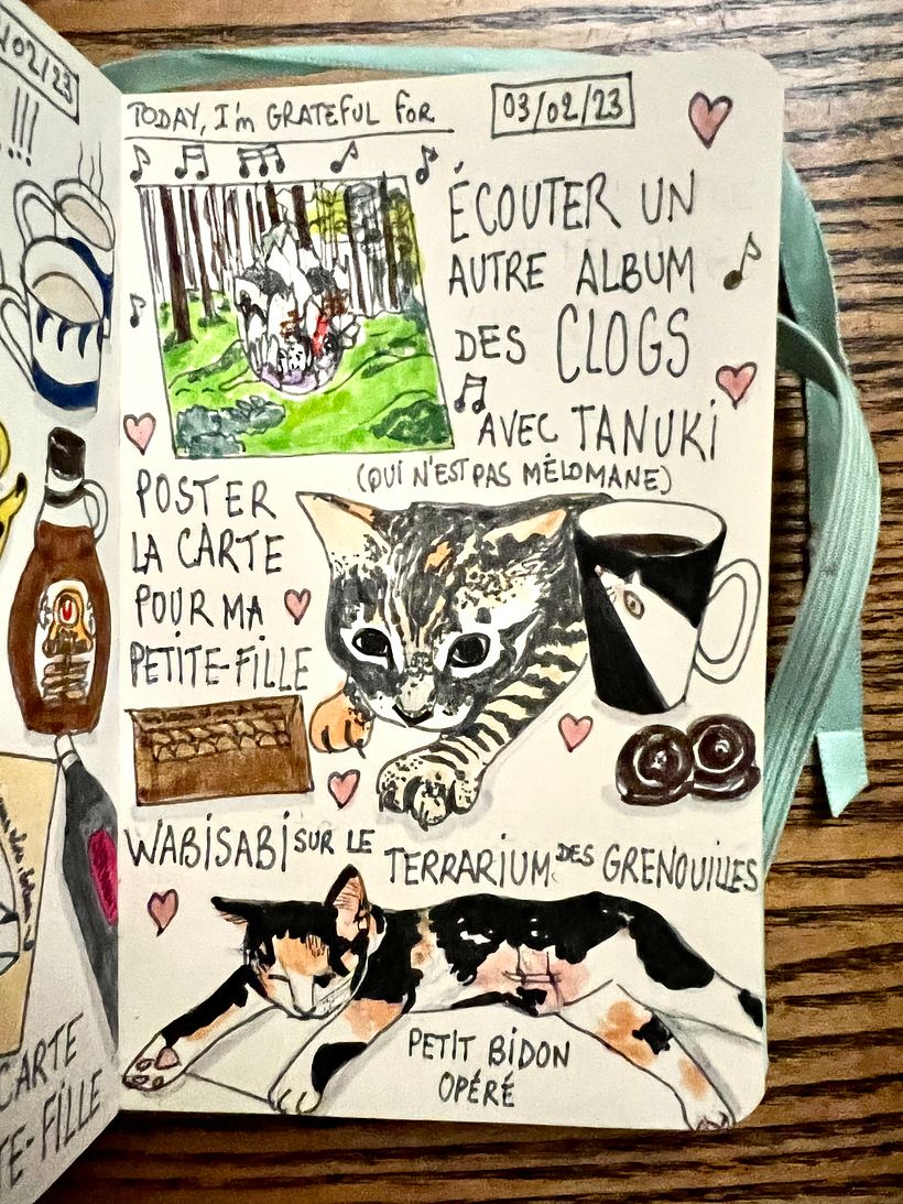 Discovering music by Clogs, sending my grand-daughter's card, sharing coffee and seeing WabiSabi's tummy healing
