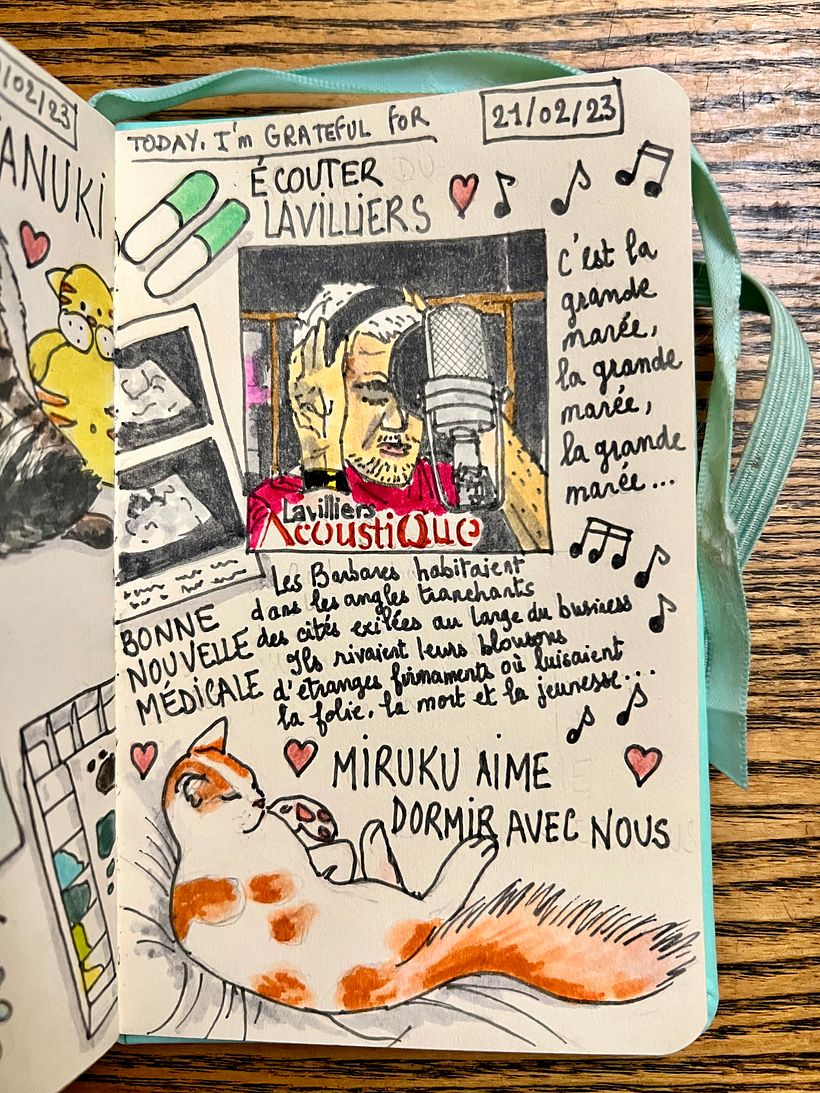 Headache again, but lovely songs by Lavilliers, and good medical news, also sleeping with Miruku