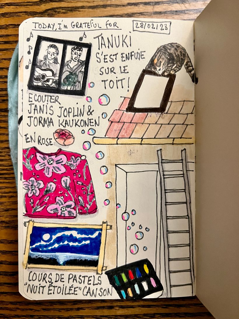 Listening to Janis Joplin's debuts, online pastel lesson, and big fright when Tanuki escapes on the roof but gets saved !
