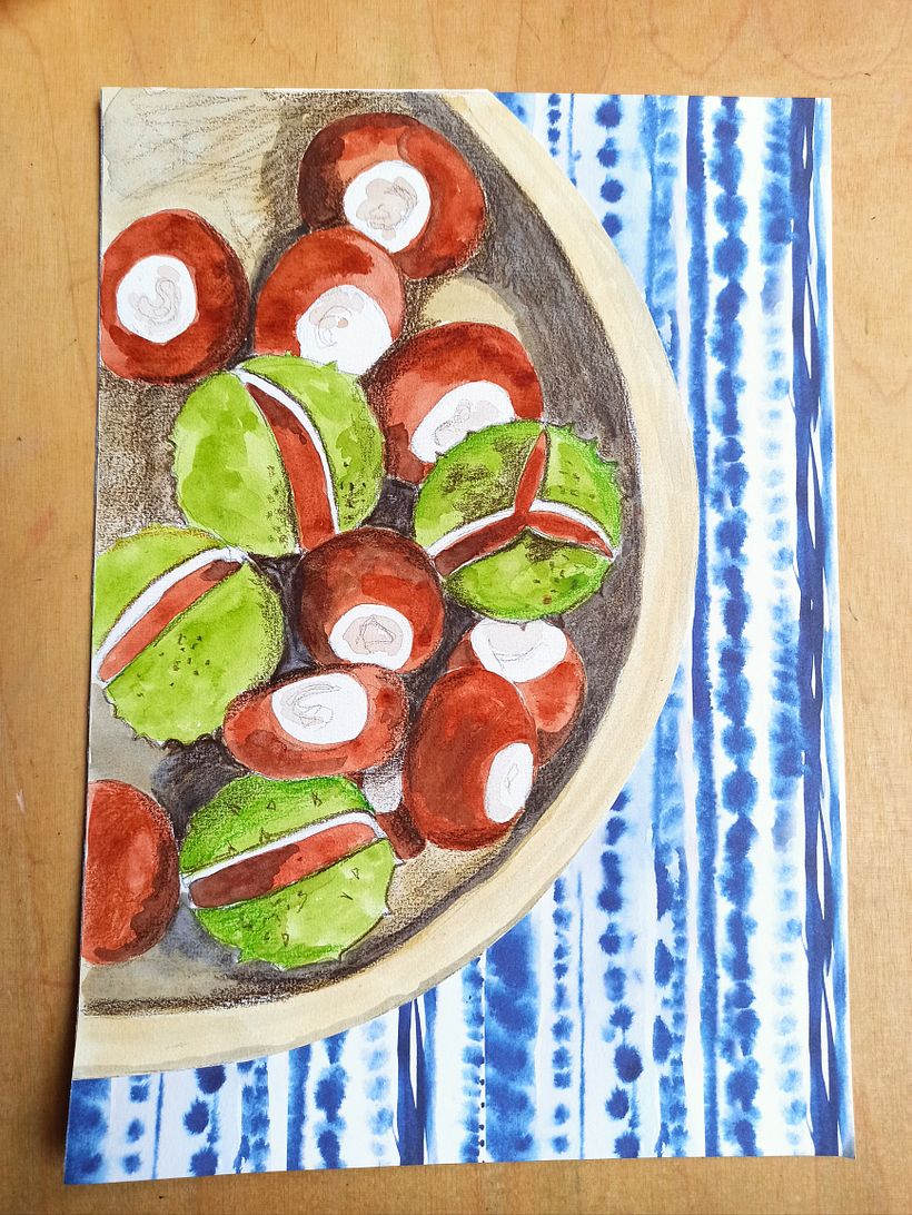 Aquarellfarbe, Buntstifte, Collage