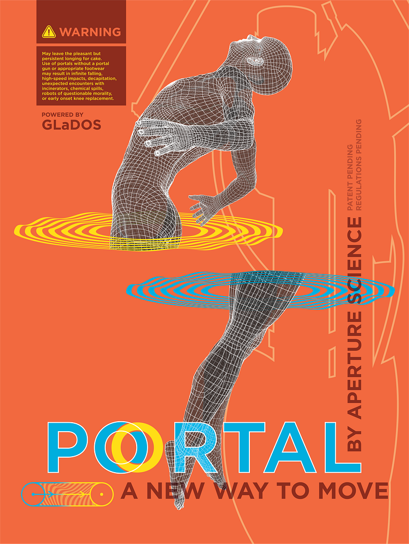 A poster for the game Portal featuring a digital rendering of an idealized human form moving through two separate portals.