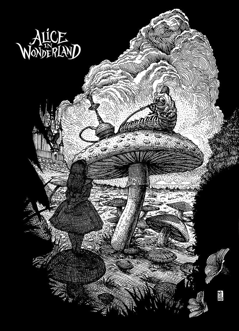 "Alice in Wonderland" pen and ink illustration