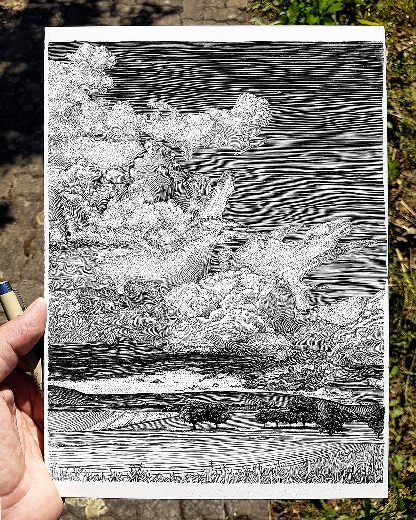 "Whispers of Wind" pen and ink illustration on scratchboard