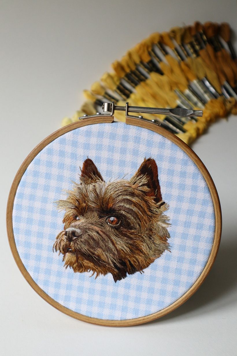 Toto's portrait finished with the "yellow brick road" made with DMC skeins