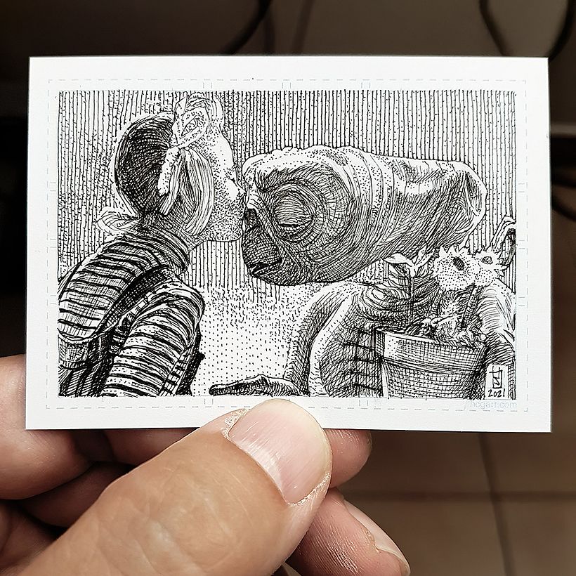 Movies pen and ink illustrations on sketchcards for Hero Complex Gallery in Los Angeles