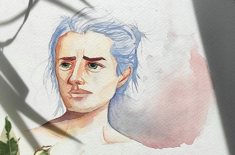 Emotive water color portrait of a random b&w photo from the internet