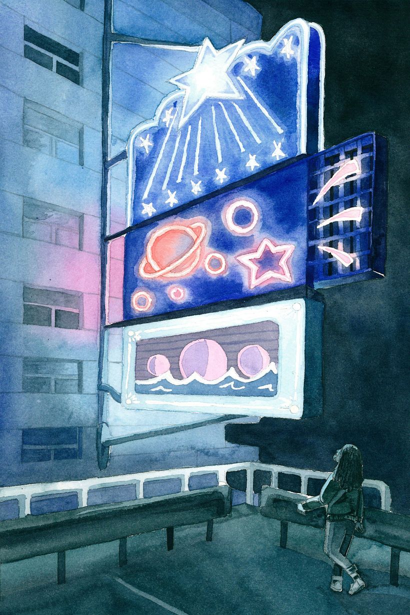 Homecoming, Homegoing series - Bright neon signs are the urban substitute for celestial sightseeing