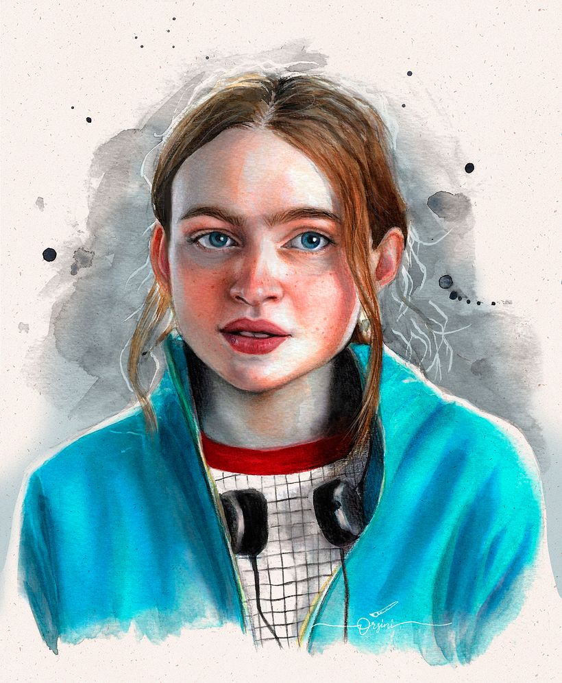 Retrato acuarelas sobre papel y lápices de colores, con tratamiento en Photoshop. 