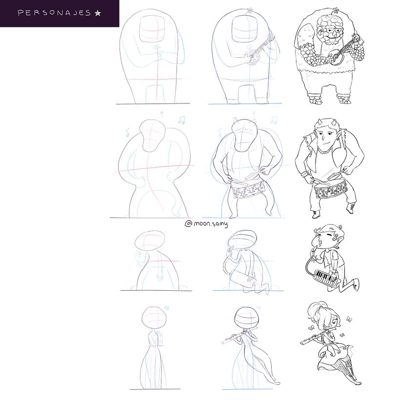 Cuerpos de prácticas con sus modificaciones y lineart final.