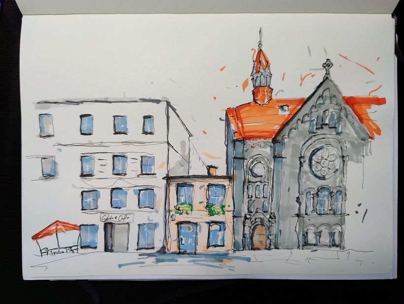 Tarnowskie Gory market square - shop between a cafe and Protestant Church; final version with some detailing