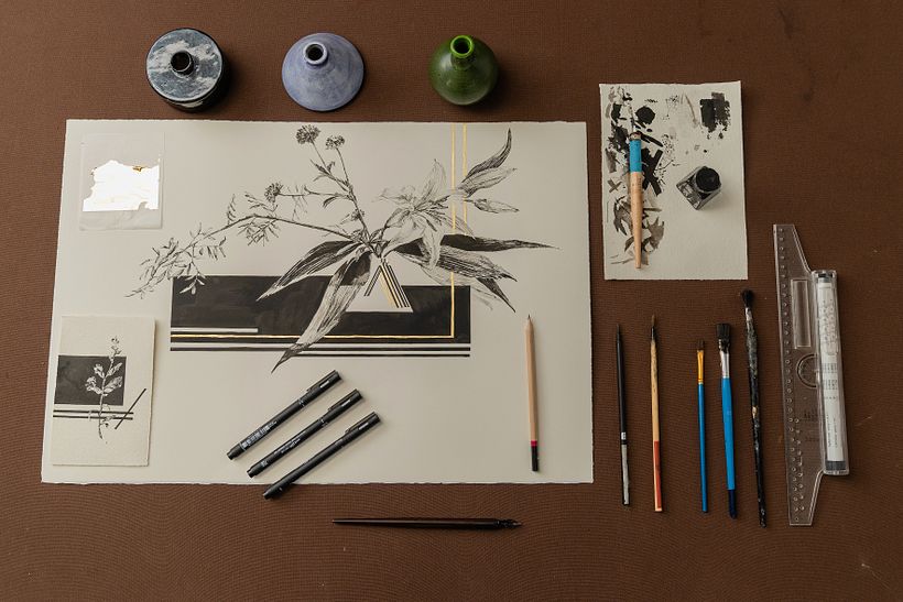 The Main tools used to create the final project- finalisers, dip pens, Indian ink and a variety of brushes