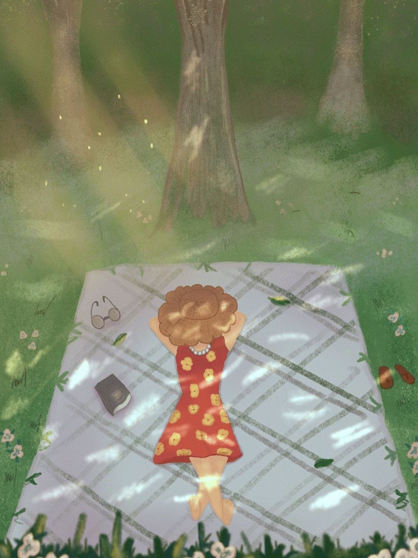 Sitting under trees on a blanket is my idea of peace. I love the way bits of light peak through the branches to scatter. 