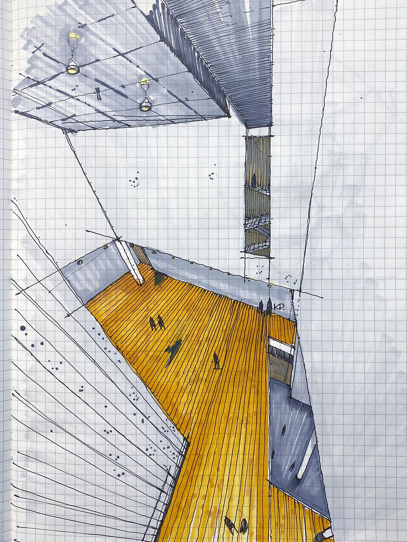 Museo de Arte Moderno de Nueva York. EEUU (perspectiva con tres puntos de fuga para apreciar la calidad espacial del atrio)