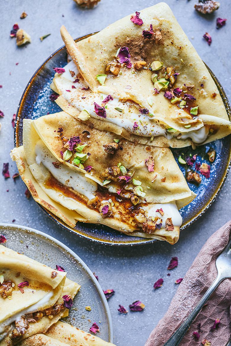 Baklava inspired crepes with a creamy filling and crunchy bits of sweet walnuts
