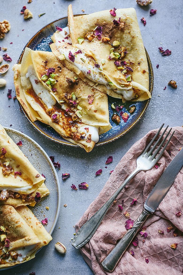Baklava inspired crepes with a creamy filling and crunchy bits of sweet walnuts