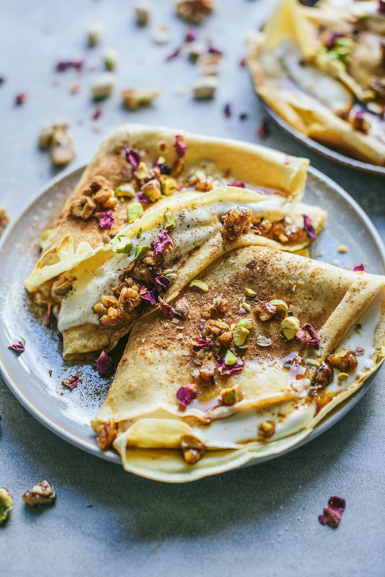 Baklava inspired crepes with a creamy filling and crunchy bits of sweet walnuts