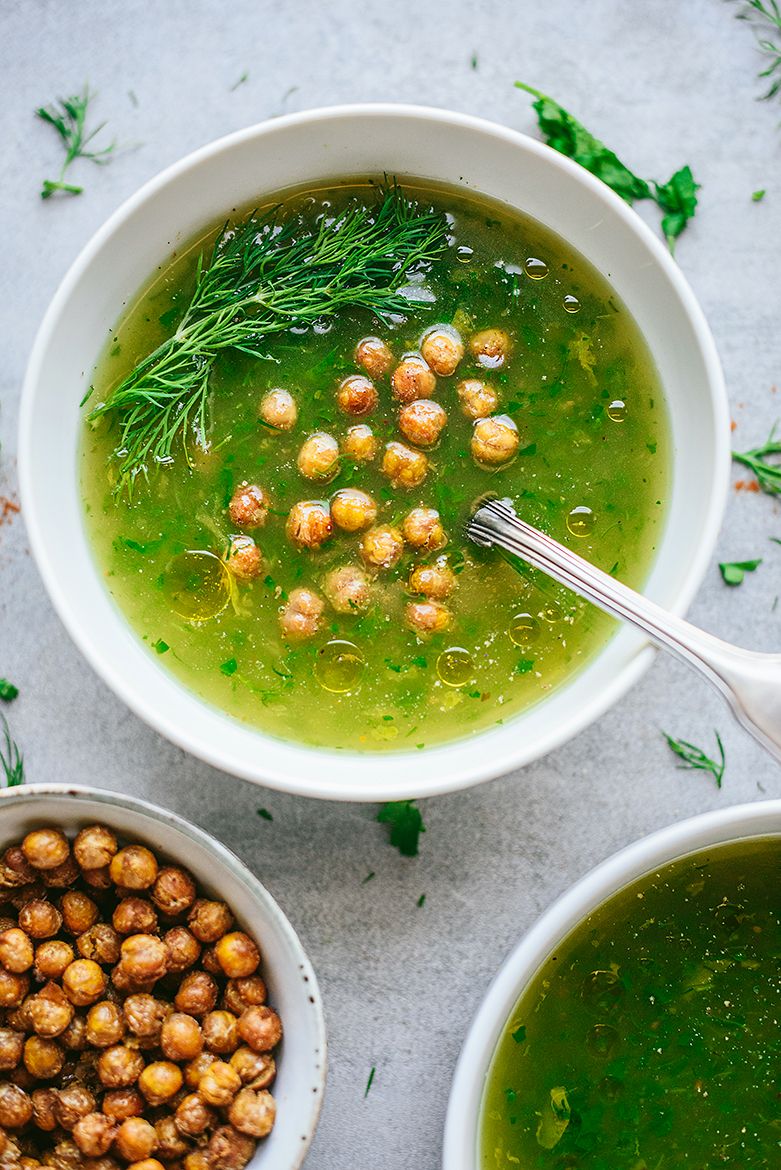 Herb soup with crispy air-fried chickpeas