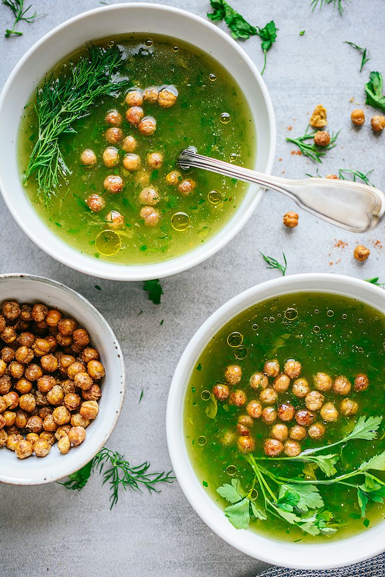 Herb soup with crispy air-fried chickpeas