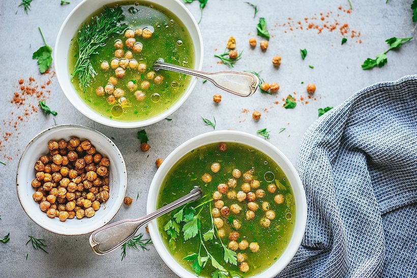 Herb soup with crispy air-fried chickpeas
