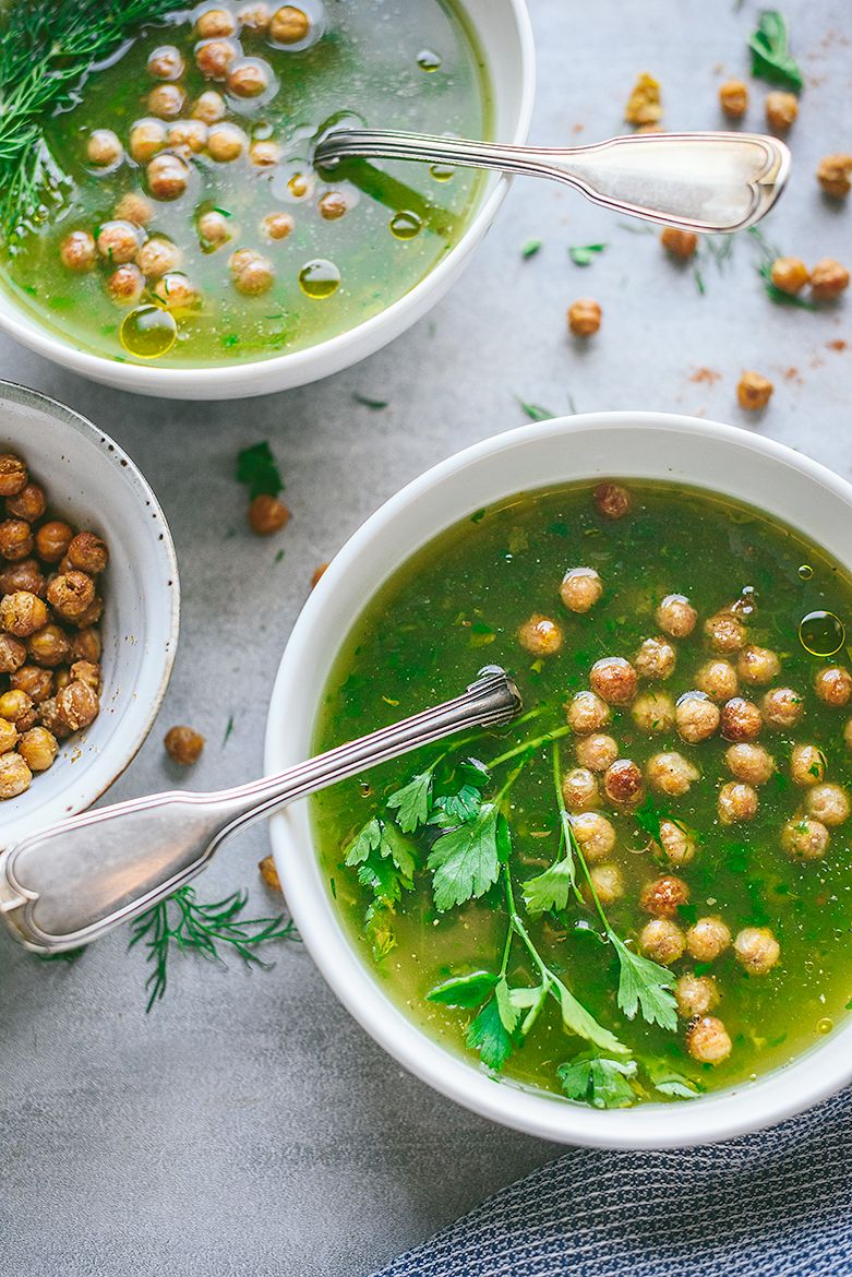 Herb soup with crispy air-fried chickpeas