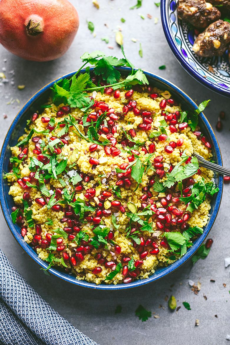 Jewelled couscous topped with beef and feta köfte