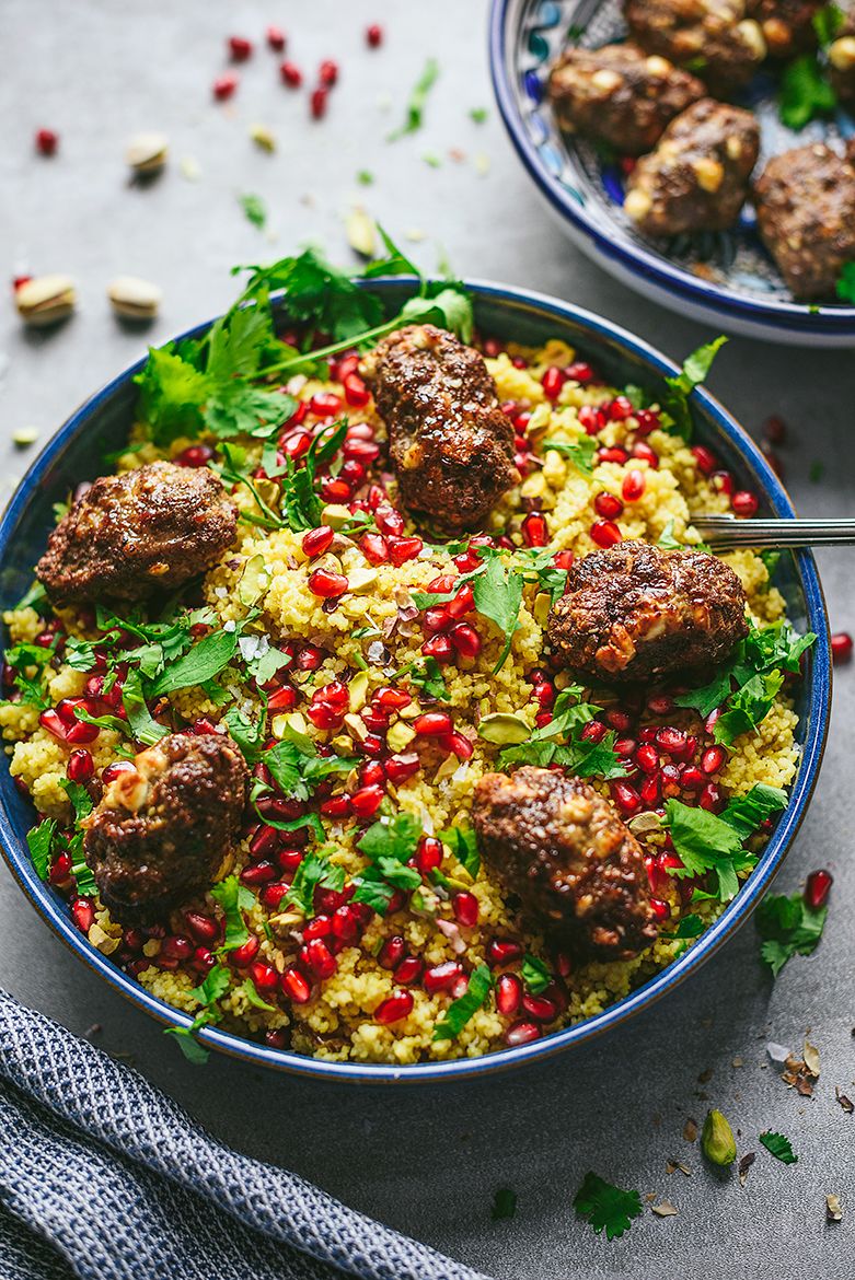 Jewelled couscous topped with beef and feta köfte
